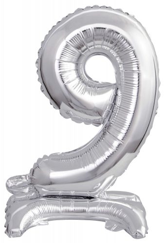 Silver, Ezüst mini 9-es szám fólia lufi talppal 38 cm